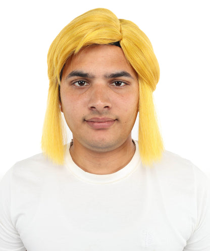 HPO Men's Fantasy Hero Wig | Short Yellow & Blonde Layered Hairstyle with Side Bangs | Synthetic Wig for Cosplay, Roleplay, Halloween & Stage