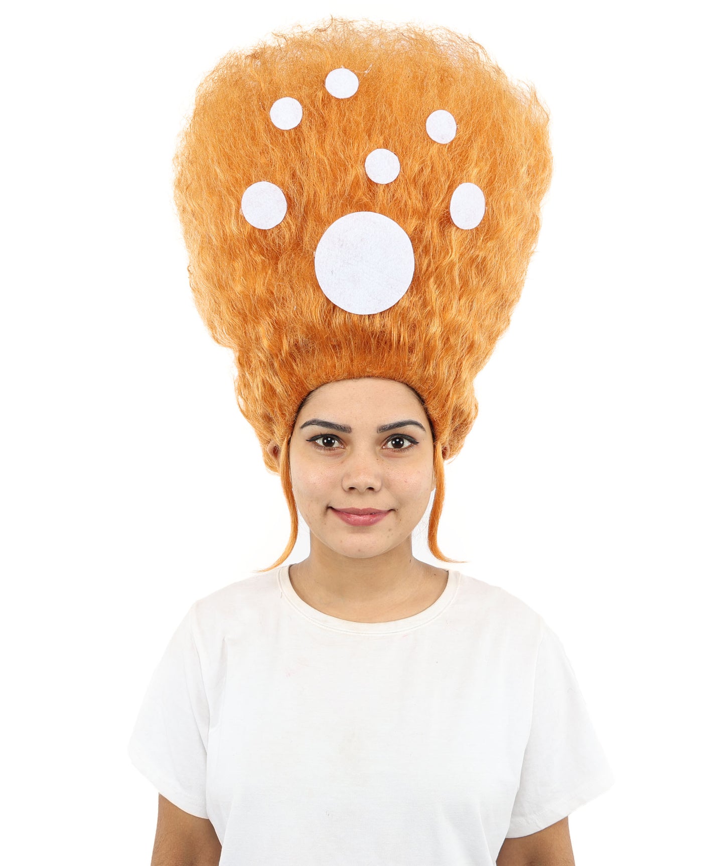HPO Women’s 19-Inch Tall Orange Beehive Wig with White Dot Accents | Eye-Catching Retro Cartoon Style Hairpiece | Ideal for Fancy Dress, Halloween, Stage Shows, Cosplay & Costume Parties