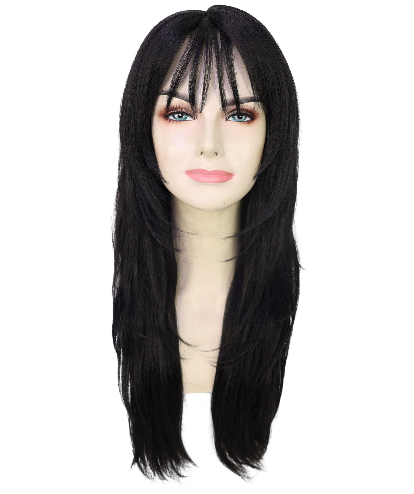 HPO Adult Womens Sleek Black Wig with Layered Cut & Wispy Bangs | Celebrity Inspired Long Hair Look | Ideal for Halloween | Breathable Cap