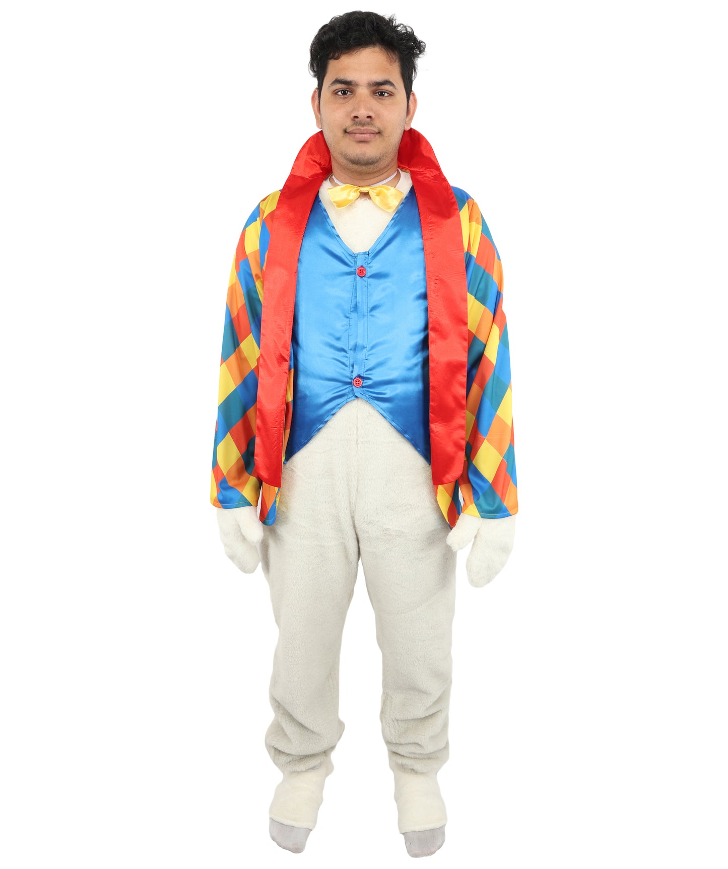 HPO Men's Festive Rabbit Mascot Ensemble | Multi-Color Diamond Pattern with Satin Vest and Faux Fur Accents | Ideal for Cosplay, Halloween, Drag, and Holiday Performance Events