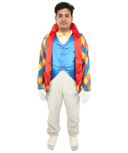 HPO Men's Festive Rabbit Mascot Ensemble | Multi-Color Diamond Pattern with Satin Vest and Faux Fur Accents | Ideal for Cosplay, Halloween, Drag, and Holiday Performance Events