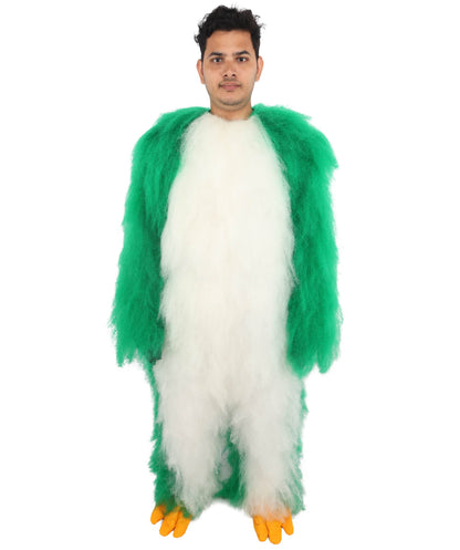 HPO Adults Parrot Mascot Costume Full-Body Furry Bird Jumpsuit with Mask - Green & White Parrot Costume Set with Furry Full-Body Jumpsuit and Character Mask for Halloween Cosplay Parties & Events