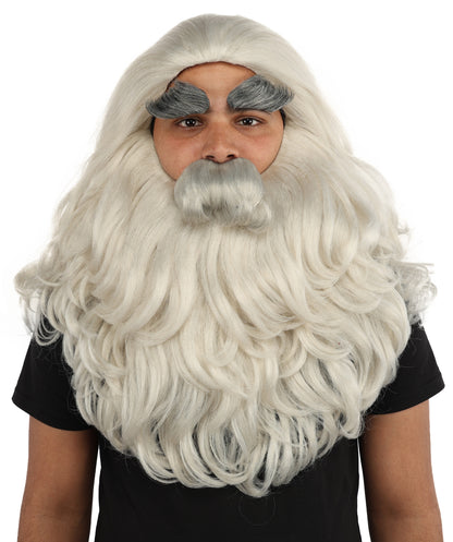 HPO Men's Long Prophet Grey Wig Mustache Beard & Eyebrow Set | Flame-Retardant Synthetic Fiber With Capless Cap | Ideal For Theater, Halloween And Cosplay