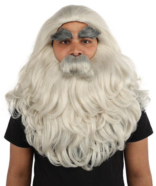 HPO Men's Long Prophet Grey Wig Mustache Beard & Eyebrow Set | Flame-Retardant Synthetic Fiber With Capless Cap | Ideal For Theater, Halloween And Cosplay