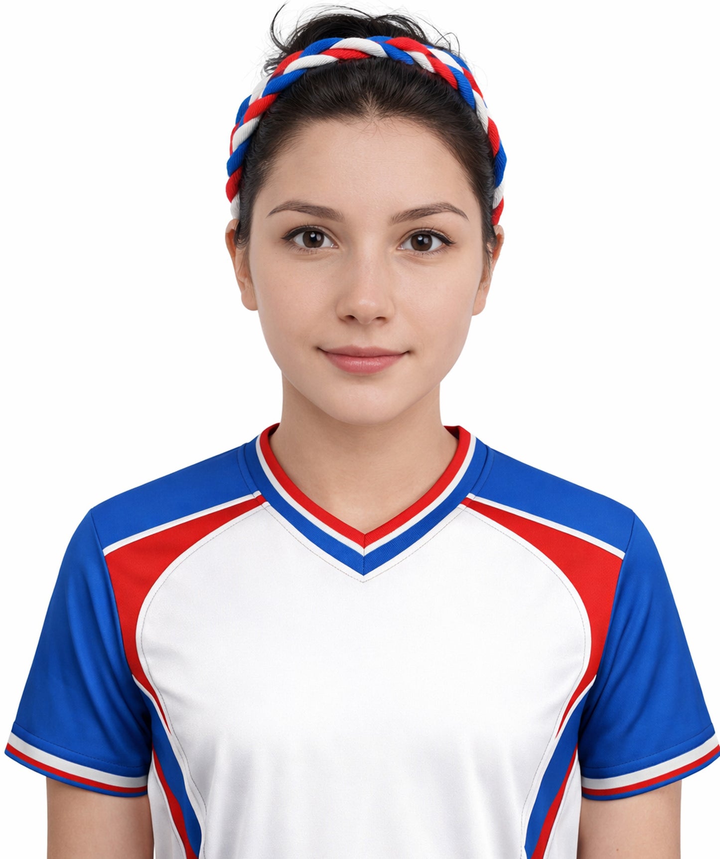 HPO Women's Multinational Braided Hairband | Textured red, white, and blue synthetic fibers woven into a twisted headband with elastic backing | Ideal for party, Halloween, cosplay, theater, drag, performance, costume events
