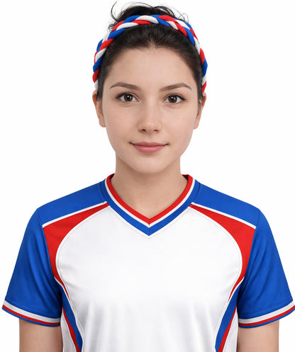 HPO Women's Multinational Braided Hairband | Textured red, white, and blue synthetic fibers woven into a twisted headband with elastic backing | Ideal for party, Halloween, cosplay, theater, drag, performance, costume events