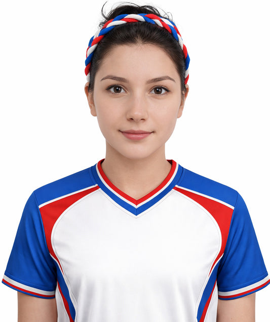 HPO Women's Multinational Braided Hairband | Textured red, white, and blue synthetic fibers woven into a twisted headband with elastic backing | Ideal for party, Halloween, cosplay, theater, drag, performance, costume events