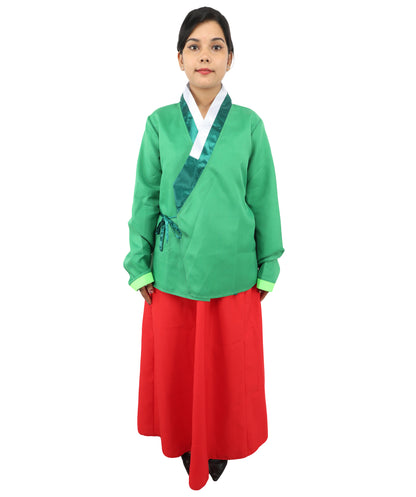HPO Women’s Anime Herbal Maid Red & Green Costume | Traditional Long Dress with Apron & Waist Bow | Cosplay Outfit for Halloween, Conventions, Stage & Roleplay