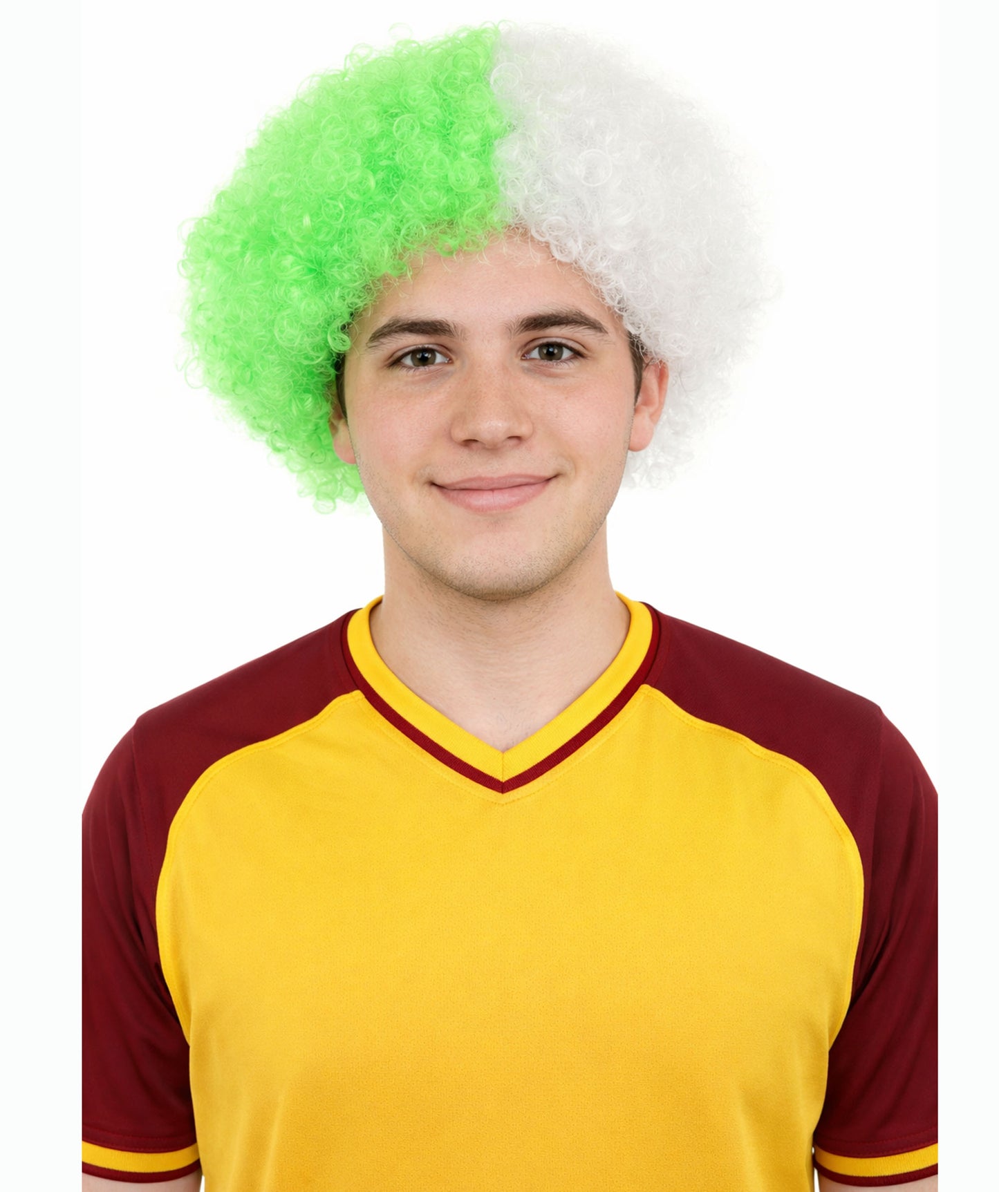 HPO Men's Two Tone Afro Wig | Bouncy Green and White Curls Flame-retardant Synthetic Fiber | Halloween Themed Party Circus Carnival Fan Accessory
