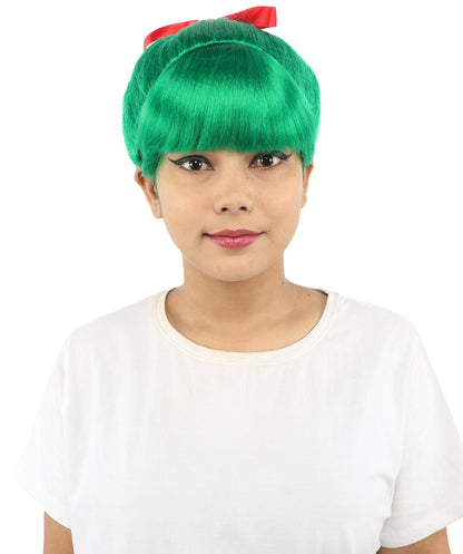 HPO Women's Spiral Ponytail Wig | Multicolor Options | High Updo with Red Ribbon Bow & Bangs, Heat Friendly Synthetic Fiber & Breathable Cap | Halloween, Christmas Event, Themed Party, Theater & Roleplay