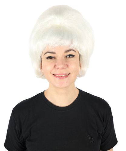 Women's Short and Groovy 60's Beehive Wig, 10" Inches Pure White Updo with Bangs Hair | HPO