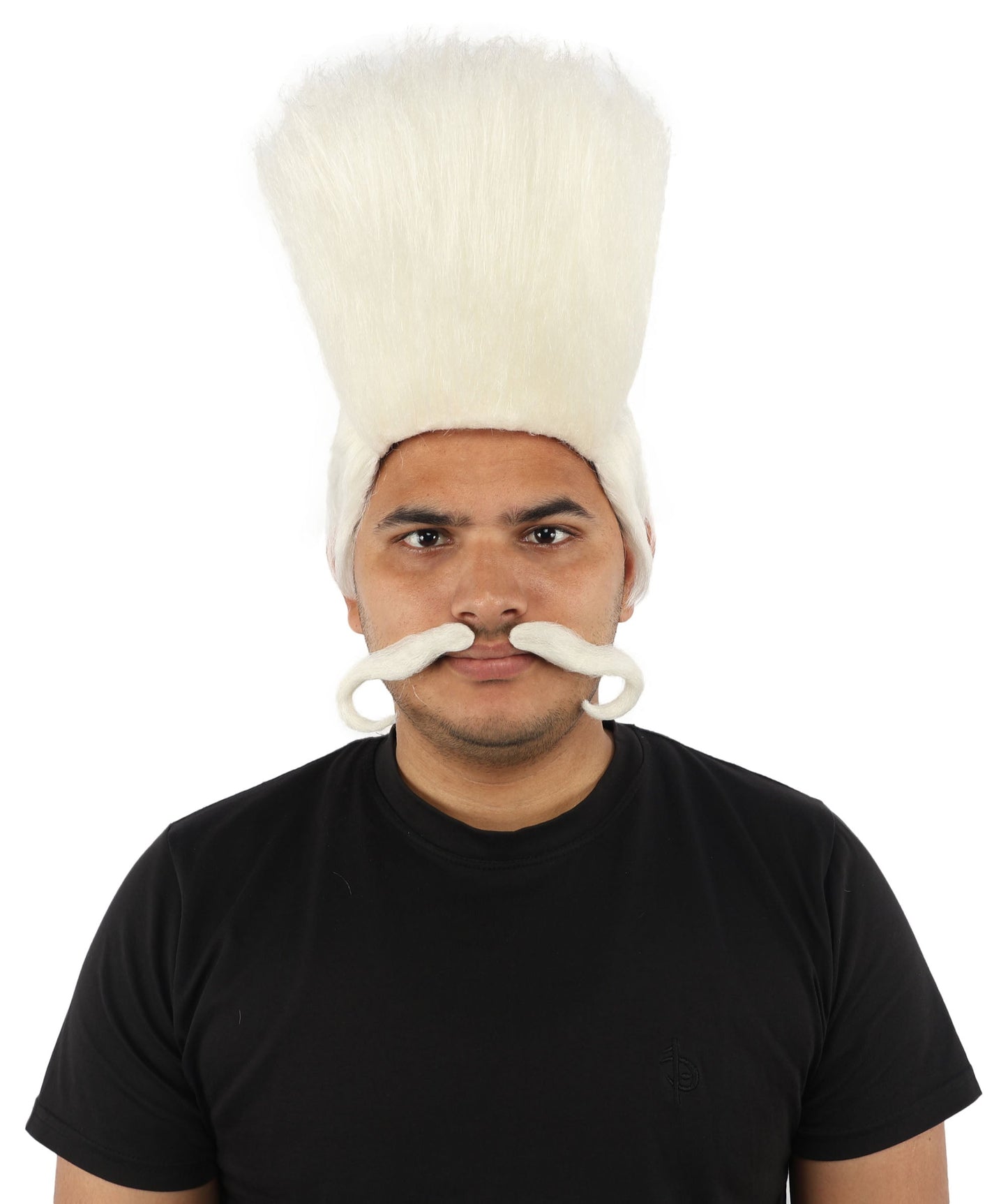 HPO Adult Men's Tall Flat Top Wig and Mustache | Vertical Dark Pompadour with Long Handlebar Facial Hair, Synthetic Fiber & Breathable Net | Halloween, Carnival, Stage Performance & Roleplay