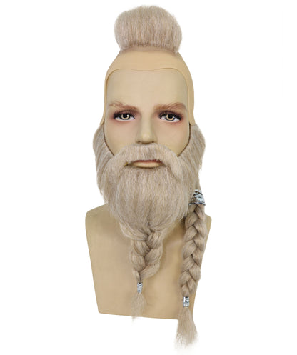 HPO Men's Viking Warrior Wig Mustache & Beard Set | Long Blonde Braided Hair with Mohawk and Tied Beard | Accessories for Halloween Cosplay & Festivals