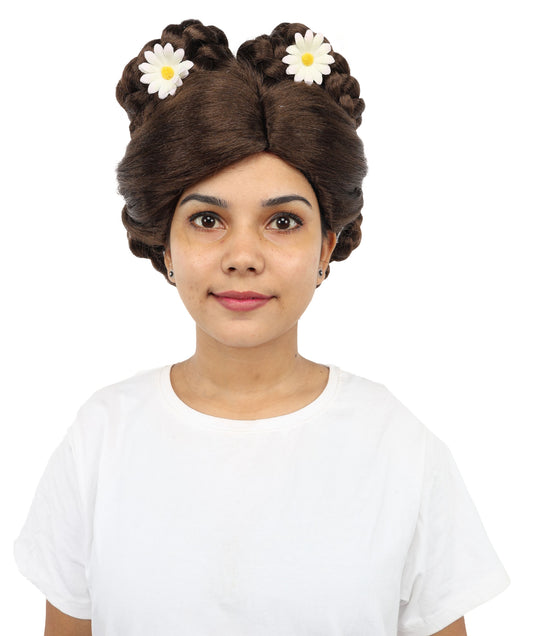 HPO Adult Women’s Elegant Brown Updo Wig | 12” Flame-Resistant Synthetic Hairpiece | Lightweight Capless Design for Halloween and Cosplay