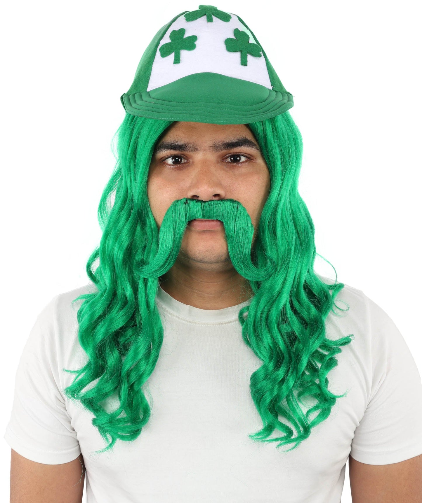 Green Mullet Hair Hat Wig & Mustache Set for Men | Synthetic Retro Punk Hairstyle | Wigs for Cosplay, Halloween, Parties & Roleplay