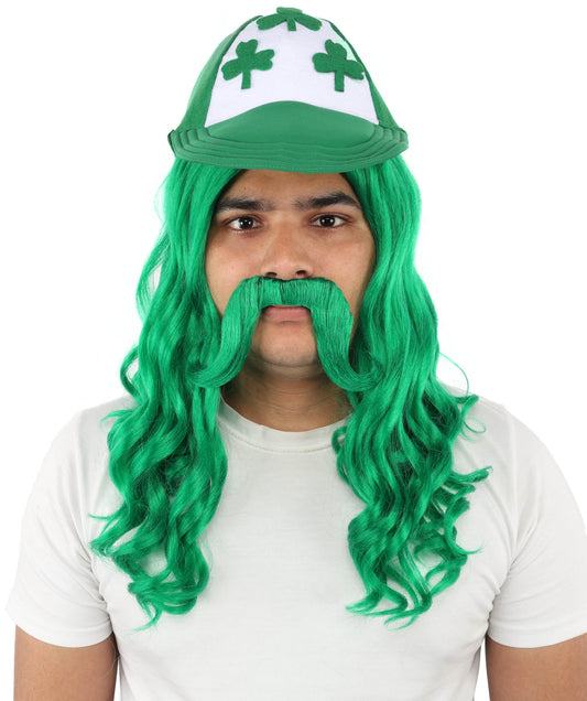 Green Mullet Hair Hat Wig & Mustache Set for Men | Synthetic Retro Punk Hairstyle | Wigs for Cosplay, Halloween, Parties & Roleplay