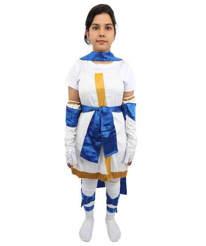HPO Women's Anime Action Heroine Suit | White and blue jersey satin construction featuring a body garment, hand gloves, leg socks, belt, and bow | Ideal for party, Halloween, cosplay, theater, drag, performance, costume events