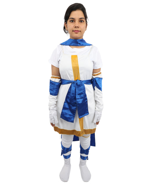 HPO Women's Anime Action Heroine Suit | White and blue jersey satin construction featuring a body garment, hand gloves, leg socks, belt, and bow | Ideal for party, Halloween, cosplay, theater, drag, performance, costume events