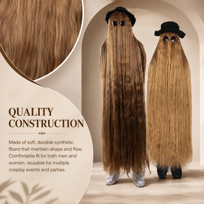 HPO Dapper Creature Brown Hair Wig for 60" Teen & 66" Adult Bundle Costume - Full Length Hairpiece Costume Set With Hat and Round Sunglasses Featuring Dramatic Styling For Outfits & Themed Gatherings