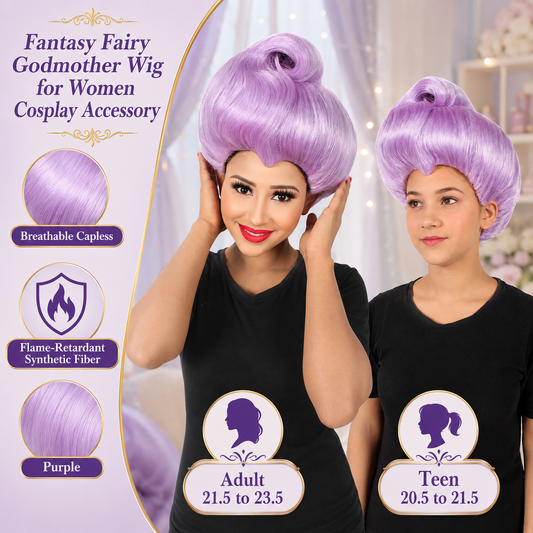 HPO Women's Godmother Beehive Updo Purple Wig for Teen & Adult Bundle Set - Fantasy inspired hairstyle with a classic updo shape Ideal for Halloween Cosplay