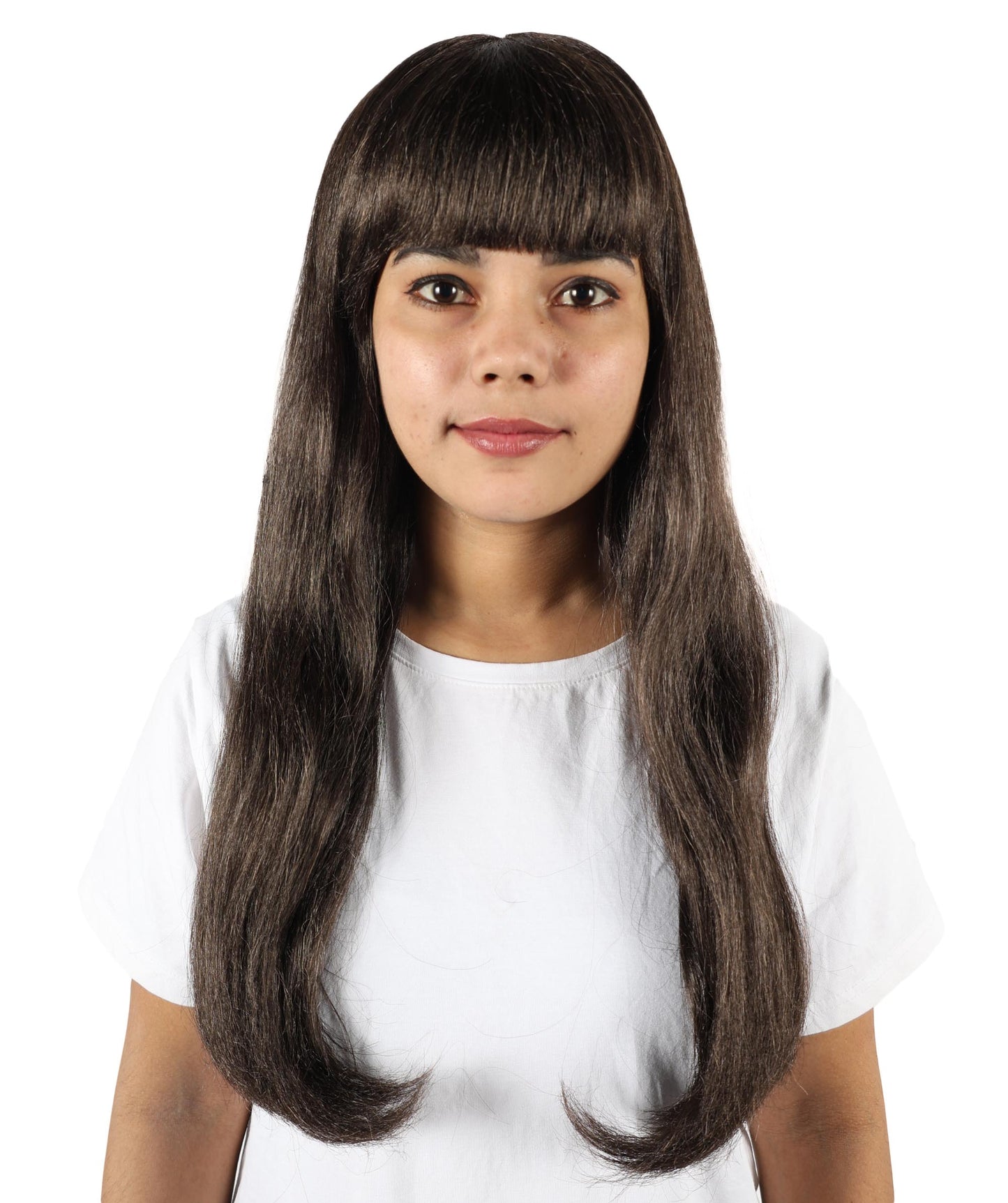 HPO Women’s Long Straight Black Wig with Bangs | Flame-retardant Synthetic Fiber | Classic Retro-Inspired Costume Hairpiece