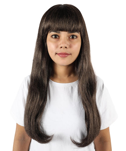 HPO Women’s Long Straight Black Wig with Bangs | Flame-retardant Synthetic Fiber | Classic Retro-Inspired Costume Hairpiece