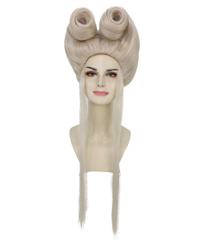 HPO Adult Women’s Platinum Blonde Fantasy Wig with Structured Bouffant & Long Straight Tails | Lightweight Flame-Retardant Synthetic Wig for Costume Events