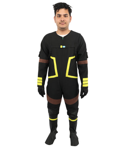 HPO Men's Deep Space Explorer Black Jumpsuit | Reflective PVC and Jersey Construction with Matching Hand Gloves and Leg Socks | Ideal for Cosplay, Halloween, Drag, and Galactic Theater Performances