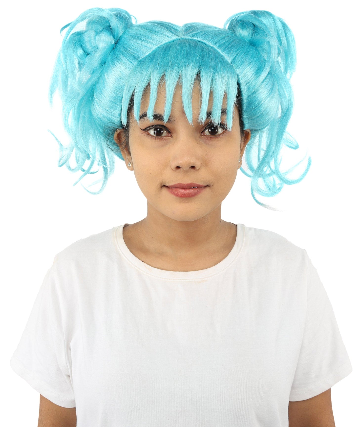 HPO Adult Women’s Messy Twin Bun Wig with Graphic Bangs | Multiple Color Options | Edgy Wig for Cosplay, Fashion Events, Halloween & Stage Wear | Adjustable Cap, Lightweight Synthetic Fiber