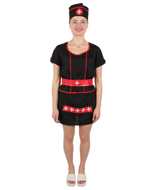 HPO Women's Black Mini Dress Nurse Costume Set | Suitable for Halloween | Flame-retardant Synthetic Fabric