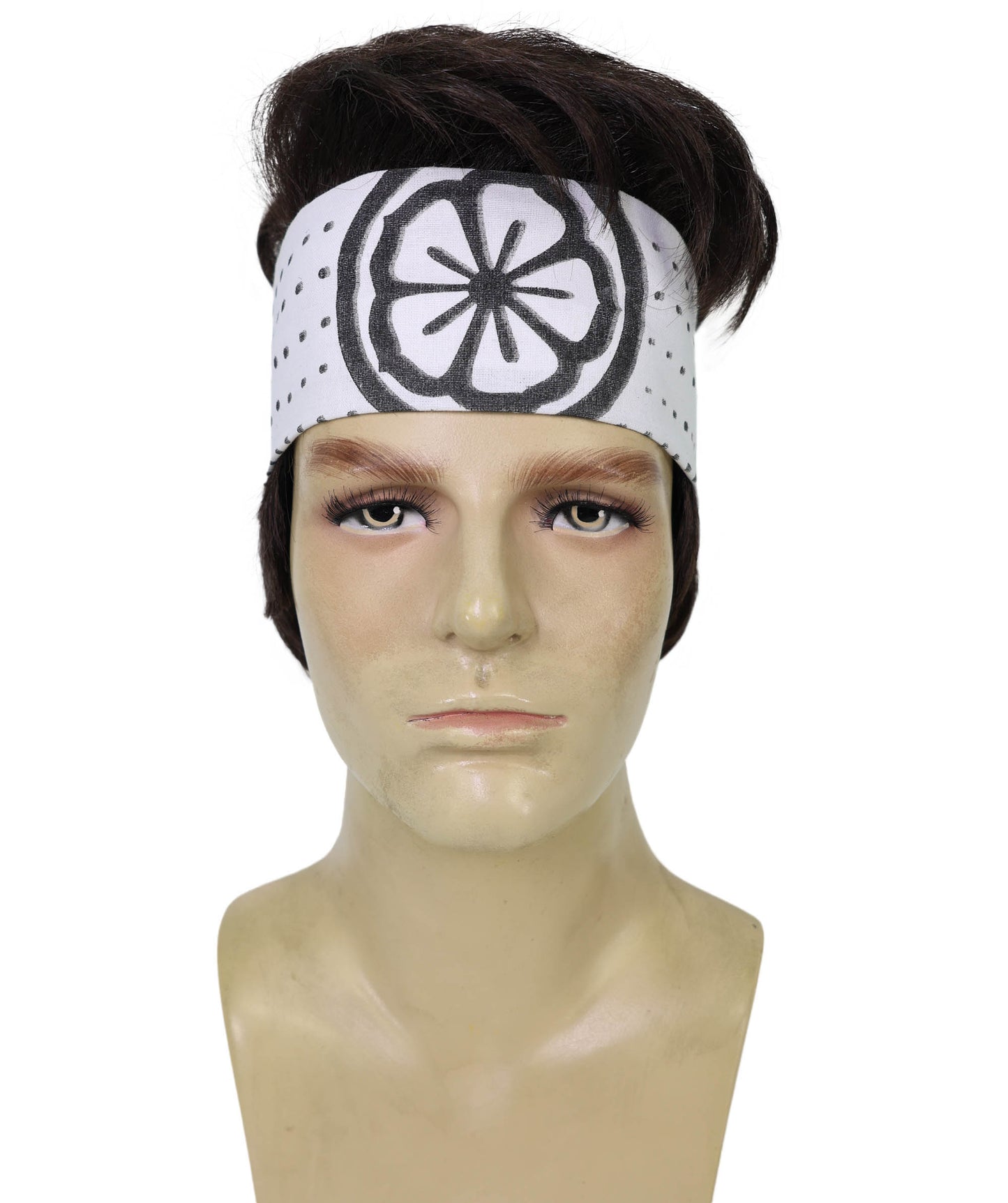 HPO Men’s Short Black Wig with Headband | Karate Legends Inspired Cosplay Hairpiece | Halloween Martial Arts Roleplay & Stage