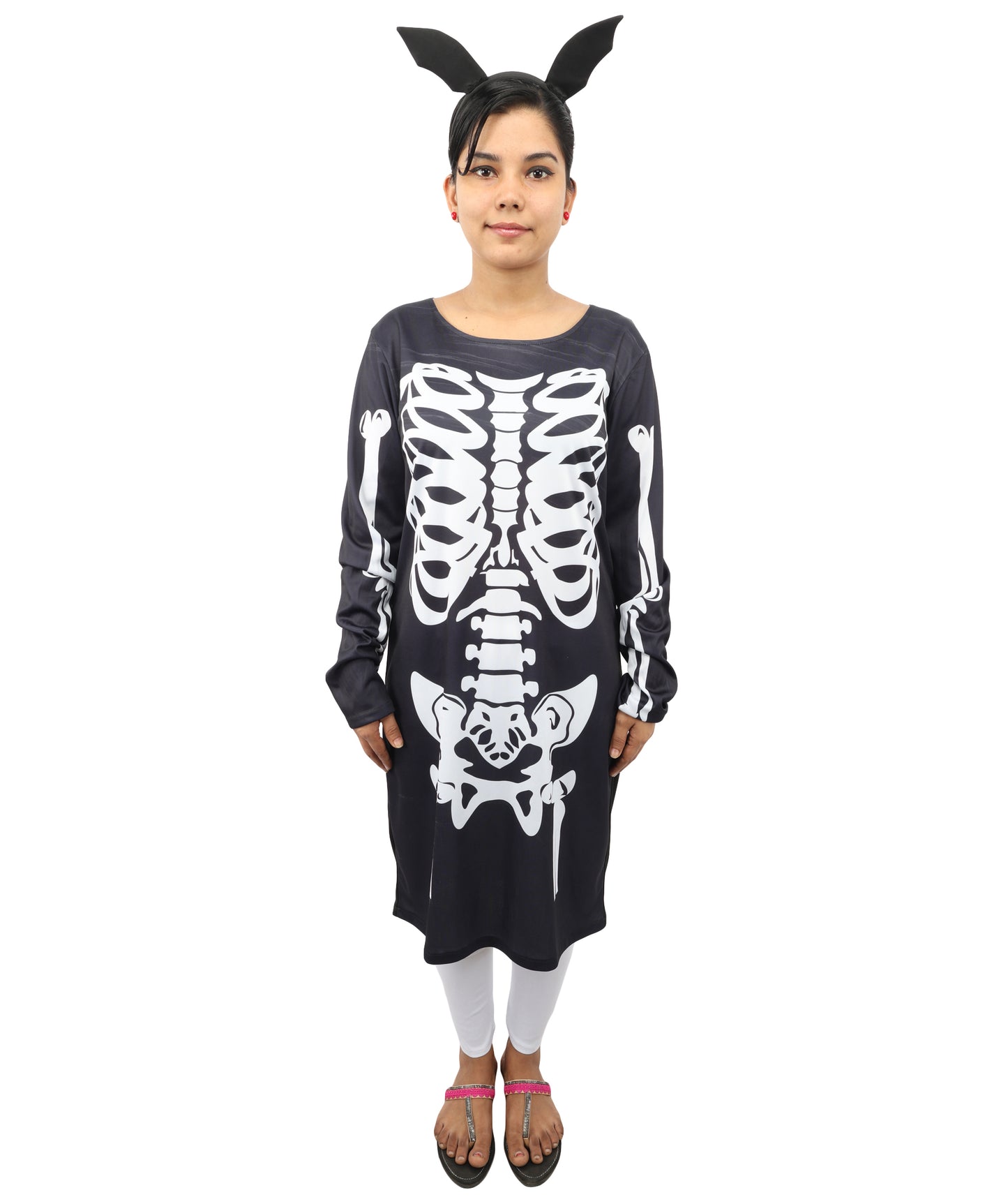 HPO Women's Halloween Skeleton Black & White Costume - Funny Long Sleeve Midi Dress, Black