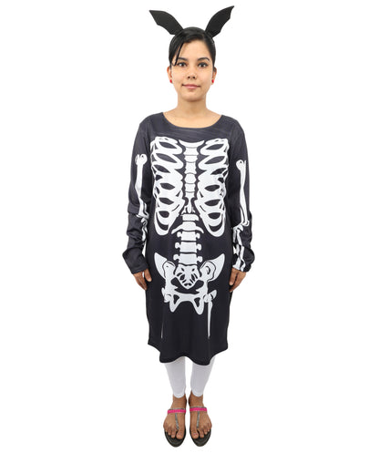 HPO Women's Halloween Skeleton Black & White Costume - Funny Long Sleeve Midi Dress, Black