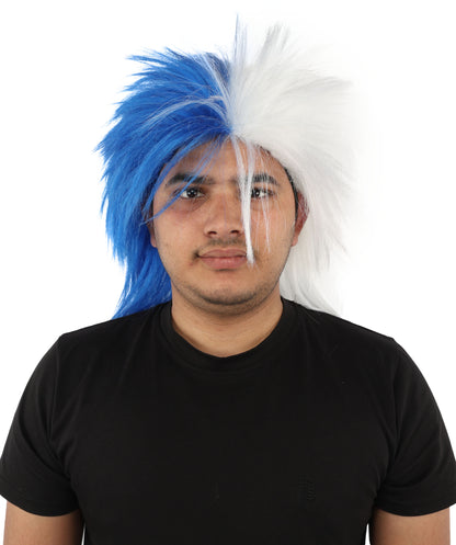 HPO Men's Two Tone Spirit Wig | Blue and White Messy Mullet Flame-retardant Synthetic Fiber | Halloween Themed Party Baseball Stadium Accessory