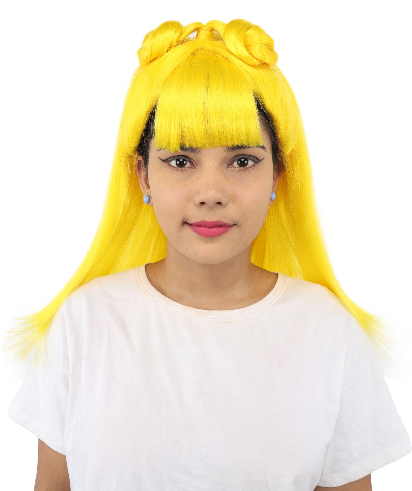 HPO Women's Brown & Pink Half Updo Bangs Wig | Create of synthetic fiber, blunt fringe with top bow, breathable base | Party, Halloween, theater, drag, performance, costume events