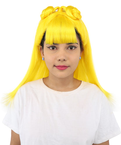 HPO Women's Brown & Pink Half Updo Bangs Wig | Create of synthetic fiber, blunt fringe with top bow, breathable base | Party, Halloween, theater, drag, performance, costume events
