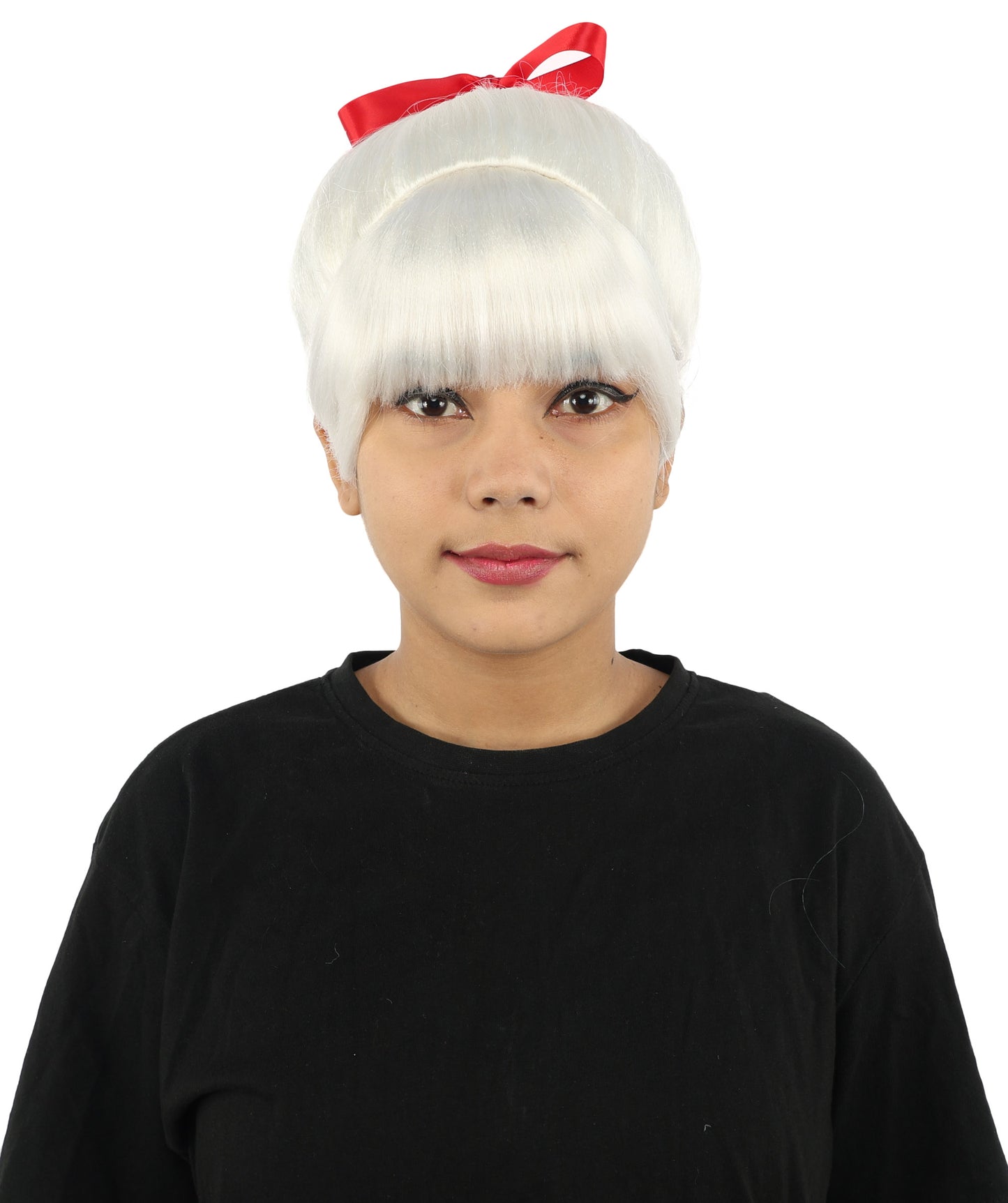 HPO Women's Spiral Ponytail Wig | Multicolor Options | High Updo with Red Ribbon Bow & Bangs, Heat Friendly Synthetic Fiber & Breathable Cap | Halloween, Christmas Event, Themed Party, Theater & Roleplay