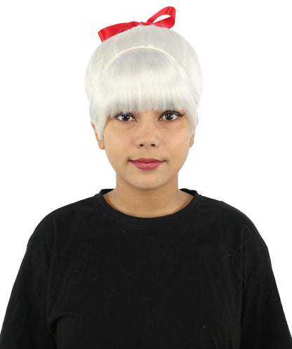 HPO Women's Spiral Ponytail Wig | Multicolor Options | High Updo with Red Ribbon Bow & Bangs, Heat Friendly Synthetic Fiber & Breathable Cap | Halloween, Christmas Event, Themed Party, Theater & Roleplay