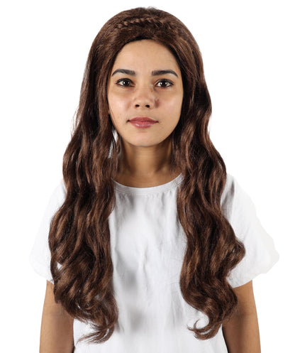 HPO Women’s Long Wavy Brown Wig | Flame-retardant Synthetic Fiber | Lightweight Capless Design for Halloween and Party