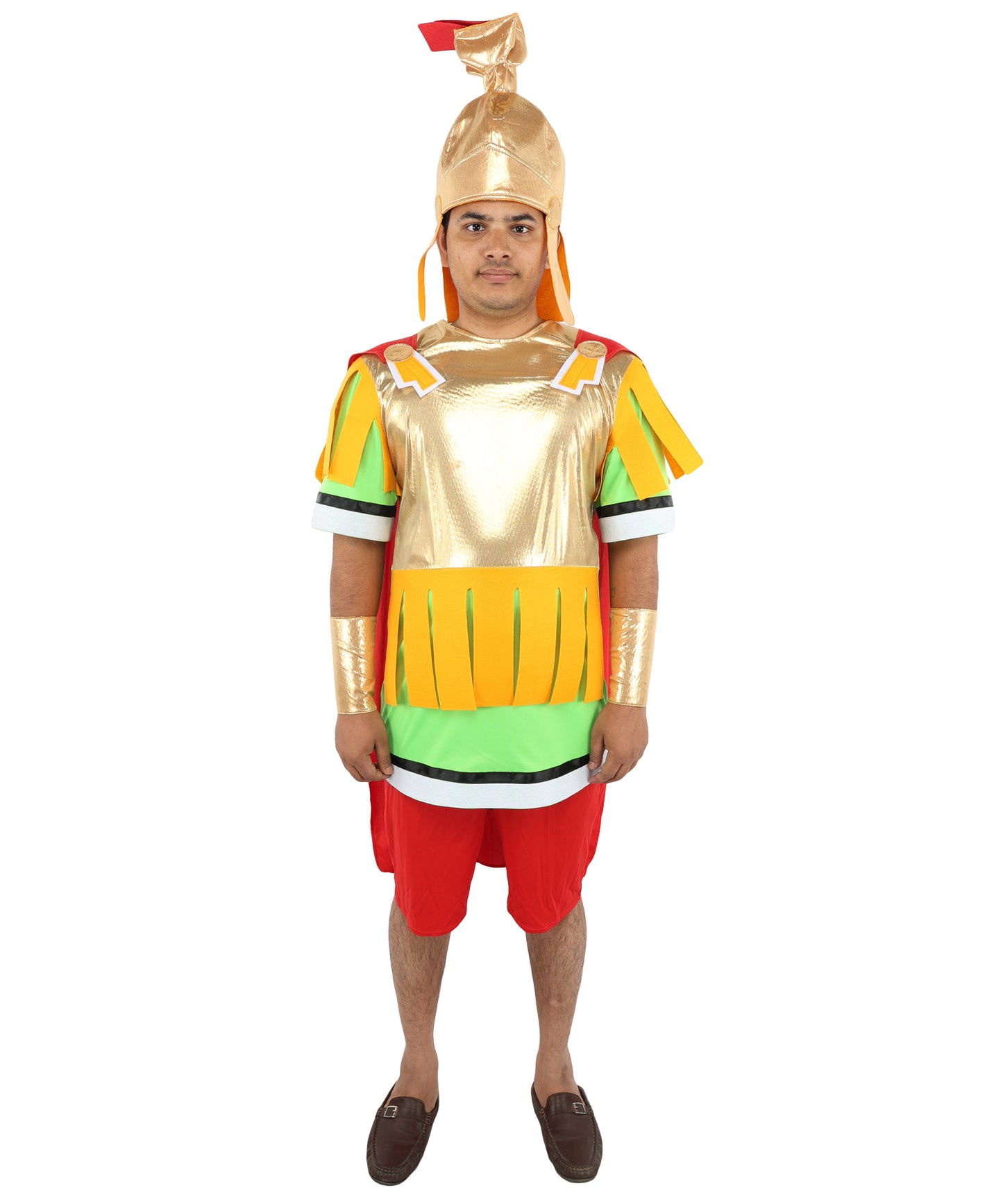 HPO Men's Roman Gladiator Multicolor Costume | Imperial Soldier Metallic Gold Breastplate Cape Tunic Pleated Pteruges Skirt | Halloween Cosplay Theater Drag Performance Costume Events