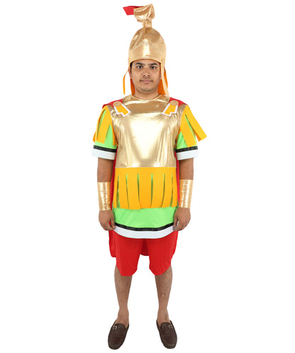 HPO Men's Roman Gladiator Multicolor Costume | Imperial Soldier Metallic Gold Breastplate Cape Tunic Pleated Pteruges Skirt | Halloween Cosplay Theater Drag Performance Costume Events