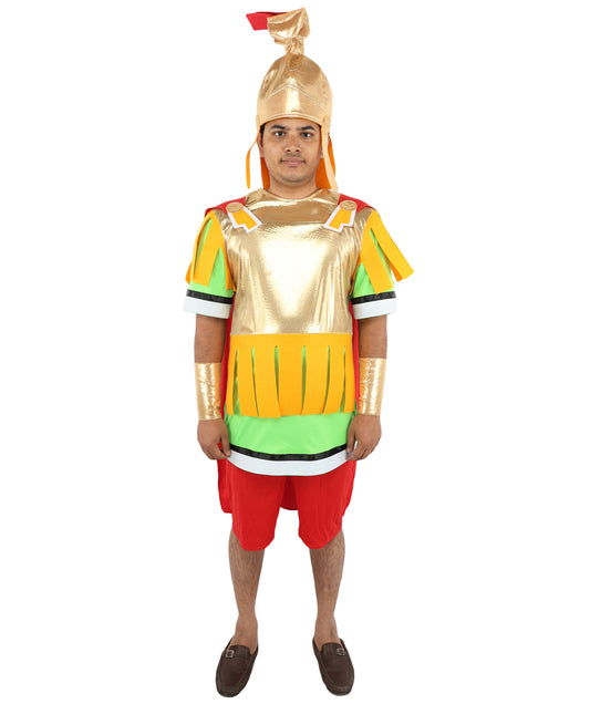 HPO Men's Roman Gladiator Multicolor Costume | Imperial Soldier Metallic Gold Breastplate Cape Tunic Pleated Pteruges Skirt | Halloween Cosplay Theater Drag Performance Costume Events