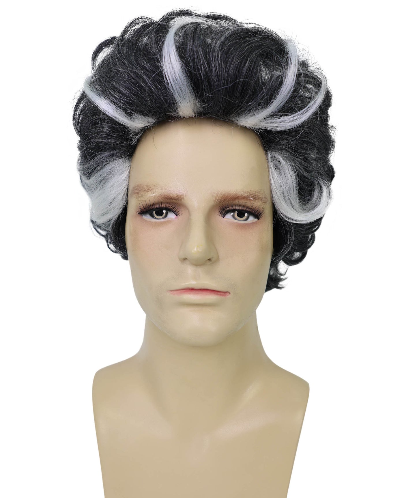 HPO Adult Men's Grey Short Wavy Wig with Highlights | Salt and Pepper Hair Wig for Halloween themed Party | Flame-retardant Synthetic Fiber