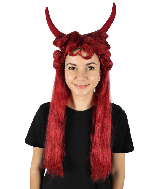 HPO Women's Long Red Devil Horn Wig I Halloween Wig I Flame-retardant Synthetic Fiber