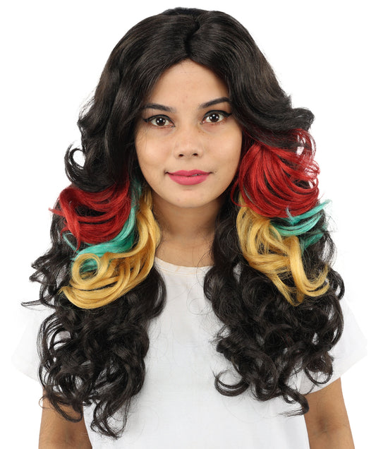 HPO Women's Long Curly Rainbow Wig | Dark base with vibrant multi color highlights voluminous curls and capless construction | Essential for theatrical stage drag performance costume events and party