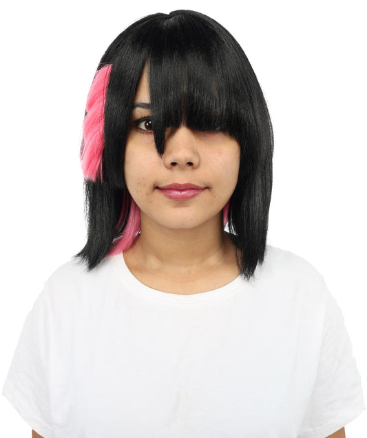 HPO Women's Medium Black & Soft Pink Anime Wig with Red Accents | Straight Cut Synthetic Hairpiece | Adjustable Cap for Halloween, Stage, Roleplay & Parties