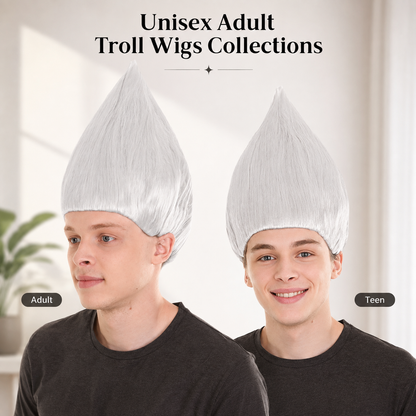 HPO Unisex Troll White Wig Bundle for Adult & Teen Classic Spiked Synthetic Hair - Fantasy Hairstyle with A Bold Upright Tall Shape Ideal for Halloween Cosplay Events & Themed Dress-Up