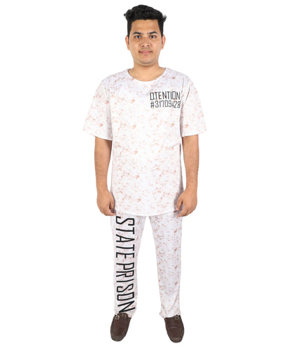 HPO Men's Asylum Inmate White Costume | Distressed State Penitentiary Jailbird Scrub Top and Trousers Combo | Halloween Horror Cosplay Theater Performance Wardrobe Piece