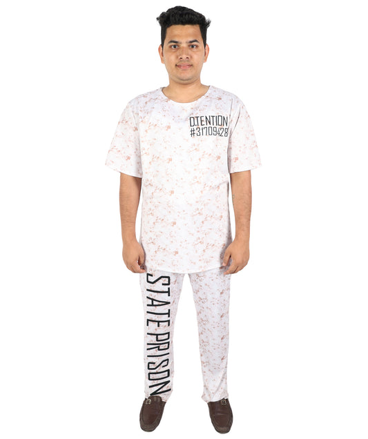 HPO Men's Asylum Inmate White Costume | Distressed State Penitentiary Jailbird Scrub Top and Trousers Combo | Halloween Horror Cosplay Theater Performance Wardrobe Piece