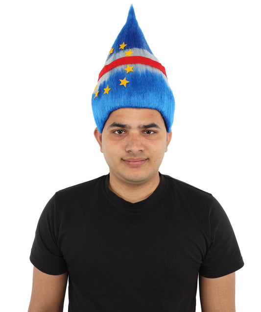 HPO Unisex Cabo Verde Sports Troll Wig – Spiky Fan Wig in National Colors for Patriotic Events and Football Matches | Synthetic Fiber Headpiece with Capless Cap